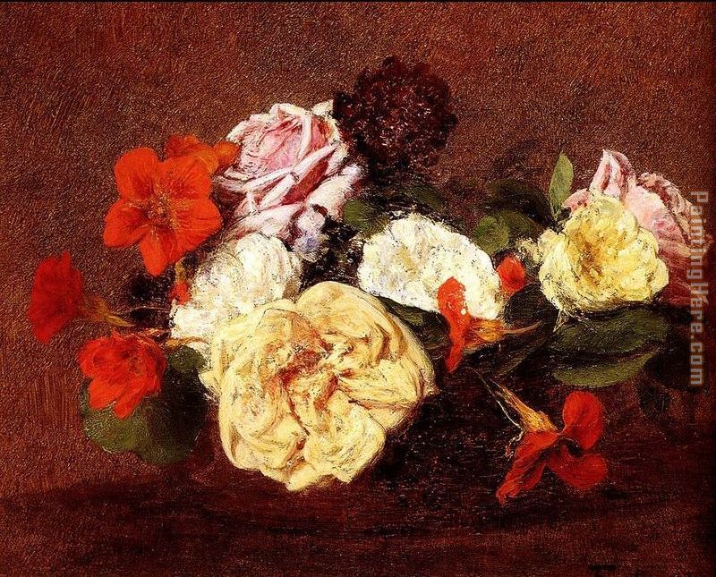 Bouquet Of Roses And Nasturtiums painting - Henri Fantin-Latour Bouquet Of Roses And Nasturtiums art painting
